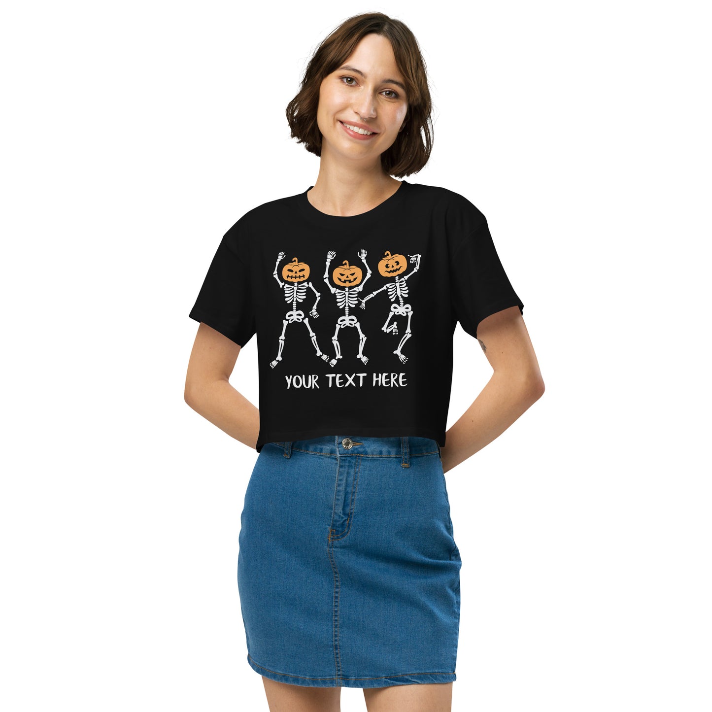 Dancing Skeleton Pumpkin Heads Women’s crop top